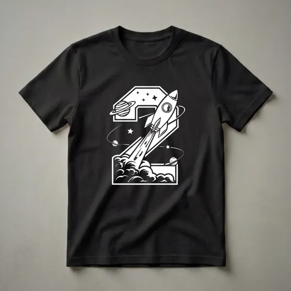 White graphic on a black t-shirt showing a large number '2' with a rocket launching, planets, and stars in a space theme.