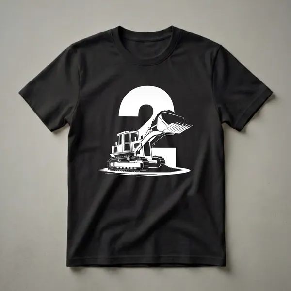 Black t-shirt with a white graphic of a bulldozer and the number 2, celebrating a 2nd birthday for boys.