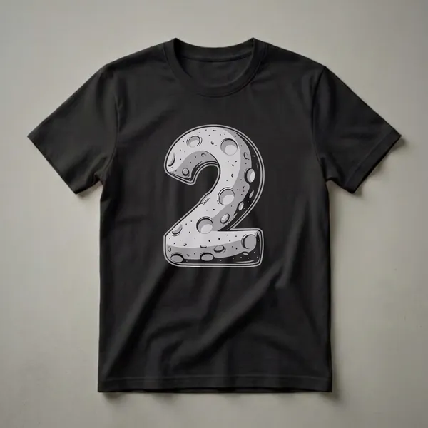 Grey moon-shaped number '2' graphic t-shirt design with craters, suitable for a 2nd birthday celebration for boys and girls.