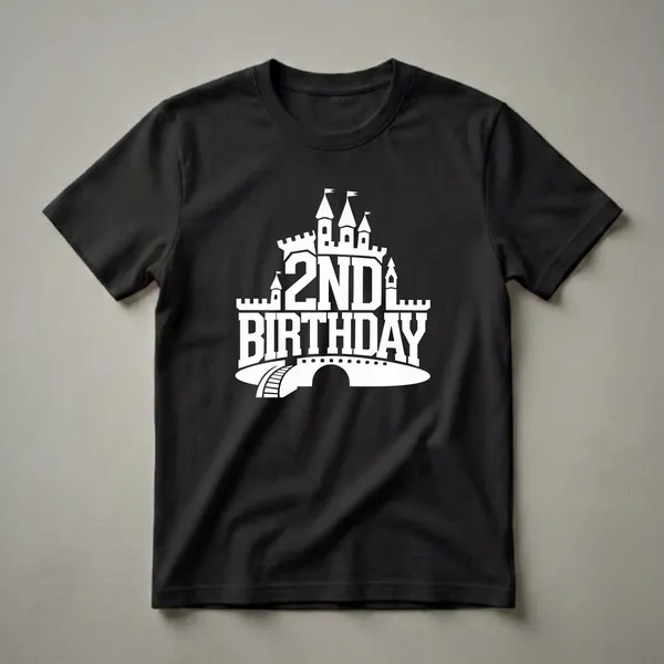 Black t-shirt featuring a white graphic of a castle with turrets and flags, and the text '2ND BIRTHDAY' in bold block letters.