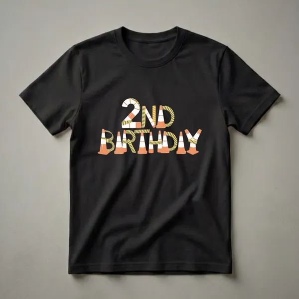 Black t-shirt with the words '2ND BIRTHDAY' designed using orange and white traffic cones and yellow and black caution tape.