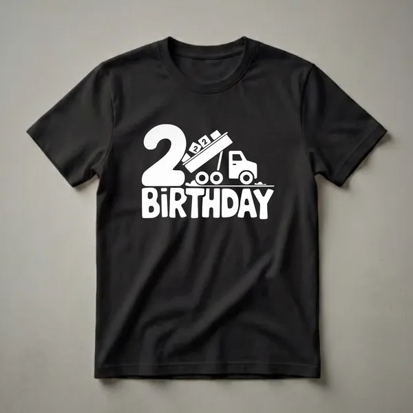 White graphic of a dump truck and the number '2' with the word 'BIRTHDAY' below it, on a black t-shirt.