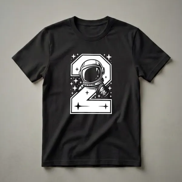Black t-shirt with a white graphic featuring a stylized number '2' and an astronaut's helmet and shoulders, surrounded by twinkling stars.