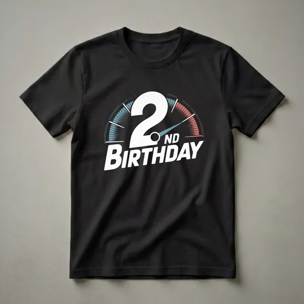 White graphic t-shirt featuring a large white number '2' on a speedometer dial with blue and red accents, and the text 'ND BIRTHDAY' below.
