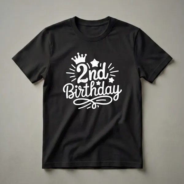 White graphic design on a black t-shirt featuring the text '2nd Birthday' with a crown and stars.