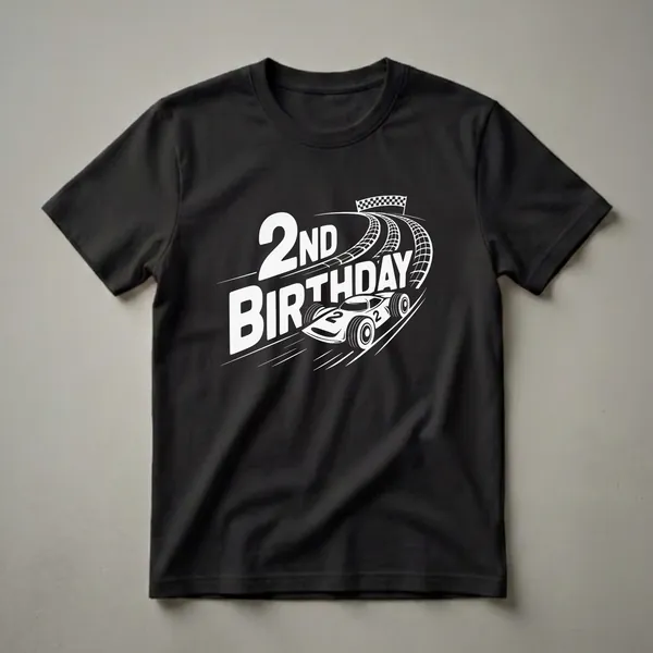 Black t-shirt with a white graphic design of a race car, checkered flags, and the text '2ND BIRTHDAY' for a 2-year-old boy's celebration.