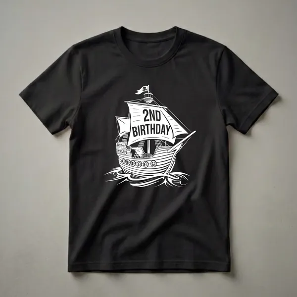 White graphic of a pirate ship sailing on waves, with '2ND BIRTHDAY' on the sails and a skull and crossbones flag, on a black background.