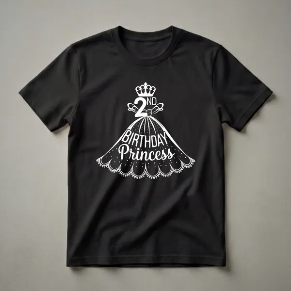 White graphic design of a princess gown with a crown and the text '2nd Birthday Princess' on a black background, intended for a girl's second birthday.