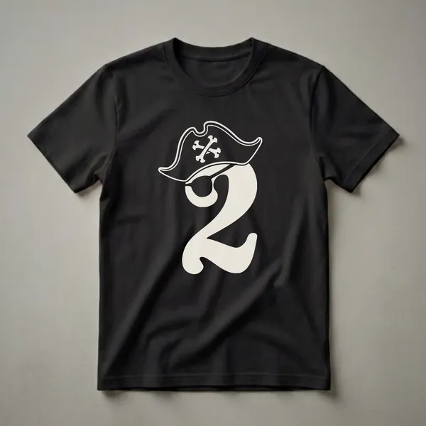 A graphic t-shirt design featuring a large, stylized cream-colored number '2' wearing a pirate hat with a crossbones emblem and an eyepatch, set against a black background.