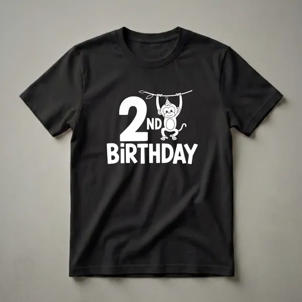 White graphic on a black t-shirt showing a cartoon monkey with a party hat hanging from a branch, with large text reading '2nd BIRTHDAY'.