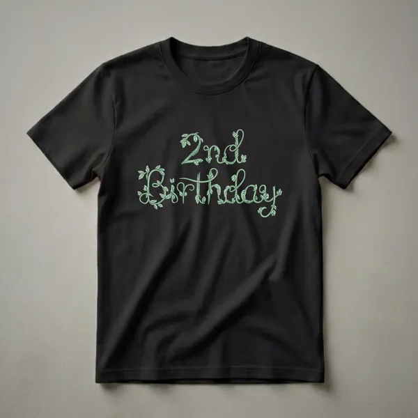 Green vine lettering spelling '2nd Birthday' with leaves, on a black t-shirt with a subtle heathered texture.