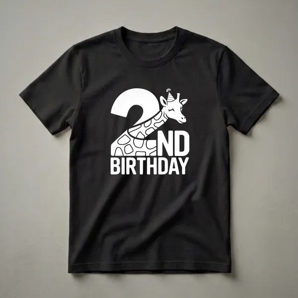 White graphic on a black background showing the number '2' and a giraffe wearing a party hat, with '2ND BIRTHDAY' text below.