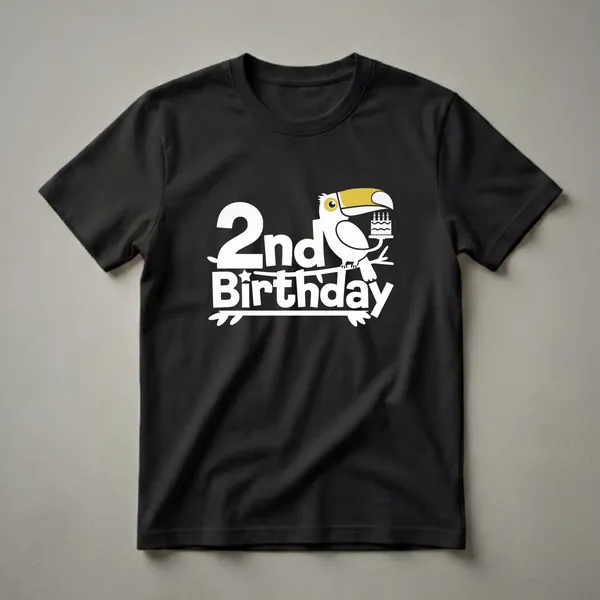 White t-shirt with a graphic design of a toucan holding a birthday cake and the text '2nd Birthday' in white.