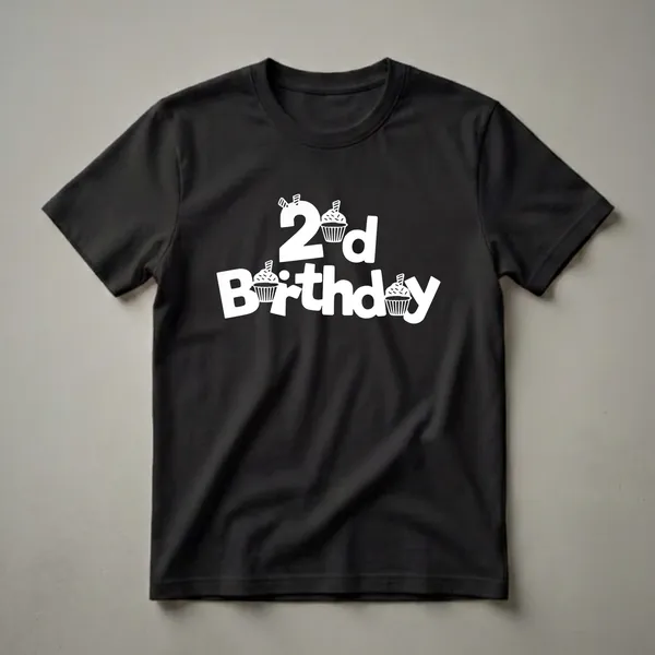 White graphic on a black shirt showing '2nd Birthday' with cupcakes and candles.