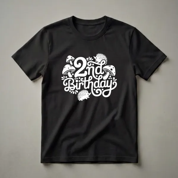 White graphic design on a black t-shirt featuring the number '2' and the words '2nd Birthday' surrounded by stylized mushrooms and hedgehogs.