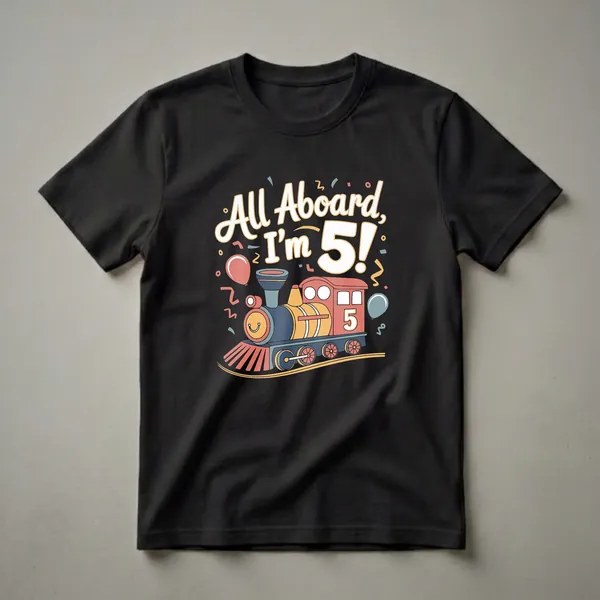 Black t-shirt featuring a colorful cartoon train with the text 'All Aboard, I'm 5!' and festive balloons and confetti.