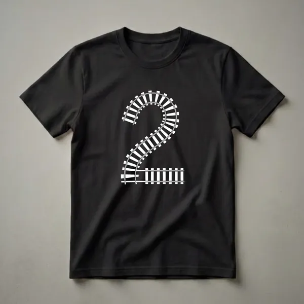 White train tracks forming the number 2 on a black t-shirt, designed for a 2nd birthday celebration.