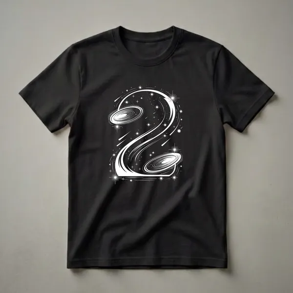 White graphic of the number two made of swirling galaxies, stars, and shooting stars on a black t-shirt.