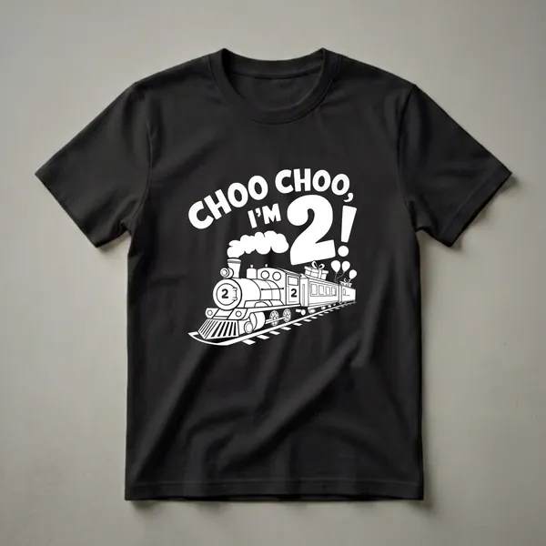 White graphic of a cartoon train with 'CHOO CHOO, I'M 2!' text, balloons, and gifts on a black t-shirt.