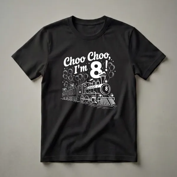White line art on a black t-shirt showing a steam train with balloons and gift boxes, with the text 'Choo Choo, I'm 8!'