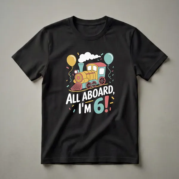 Black t-shirt featuring a colorful cartoon steam train with yellow, red, and teal accents, surrounded by balloons and confetti, with the text 'ALL ABOARD, I'M 6!' in white and teal.
