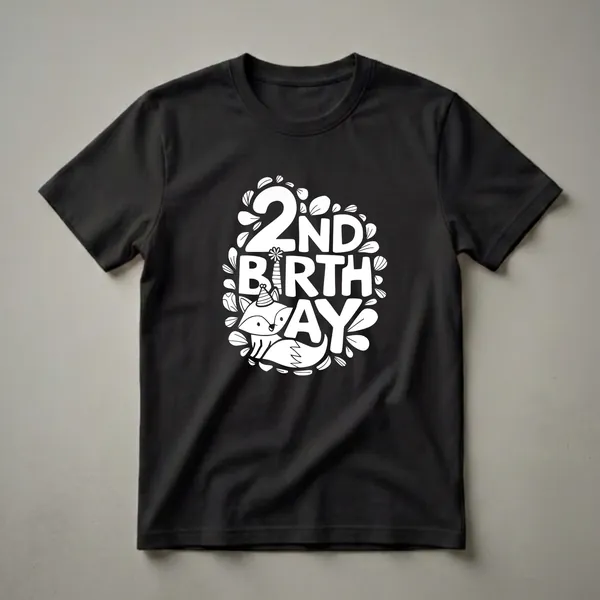 White graphic of a cartoon fox with a party hat and the words '2ND BIRTHDAY' surrounded by stylized leaves on a black t-shirt.