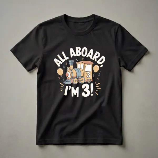 A black t-shirt featuring a cartoon train with the words 'All Aboard I'm 3!' in white and orange, surrounded by balloons and confetti.