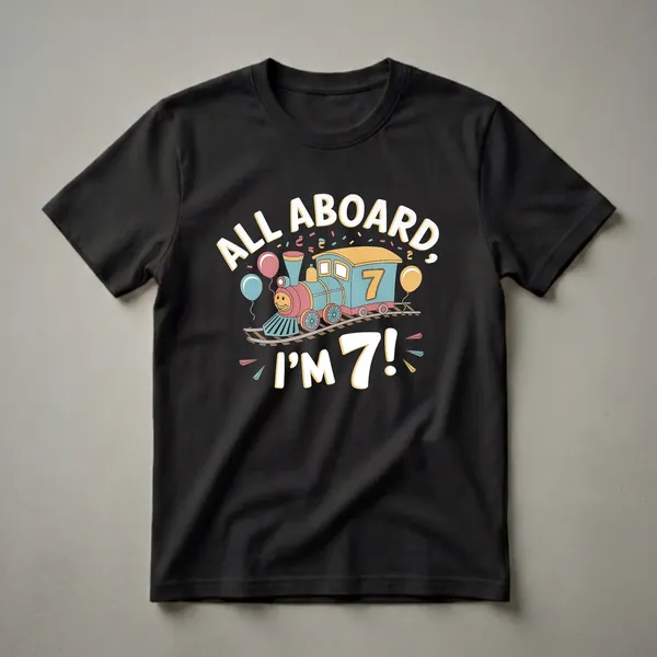 Black t-shirt featuring a colorful cartoon train with 'ALL ABOARD, I'M 7!' text, balloons, and confetti, celebrating a 7th birthday.