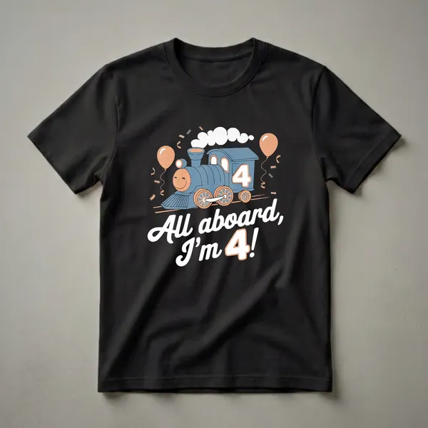 Black t-shirt featuring a cartoon blue train with orange accents, smiling face, and the number 4, with the text 'All aboard, I'm 4!' and festive balloons and confetti.