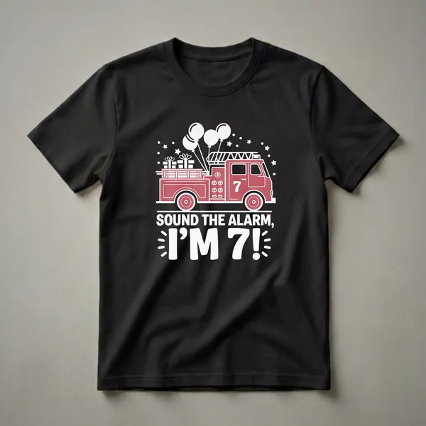 Red firetruck graphic t-shirt with white accents, balloons, presents, and stars, featuring the text 'Sound the Alarm, I'm 7!' for a 7th birthday.