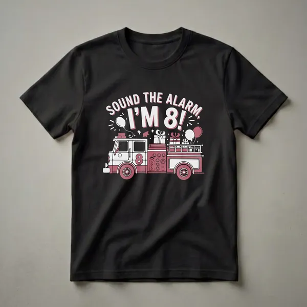 Black t-shirt featuring a red and white graphic of a firetruck with "SOUND THE ALARM I'M 8!" text, balloons, and gift boxes.