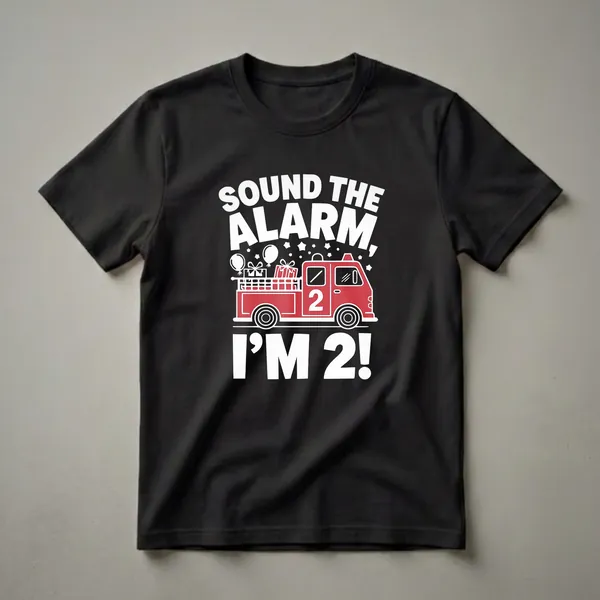 Black t-shirt with a white and red graphic design of a firetruck, balloons, gifts, and the text "SOUND THE ALARM I'M 2!".