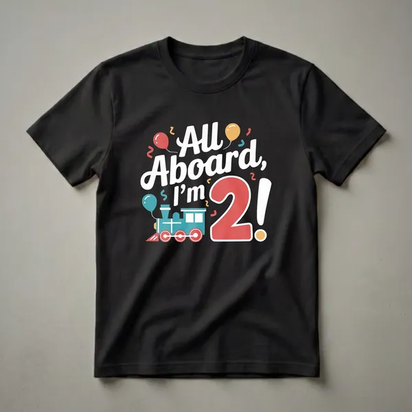 Black t-shirt with a graphic design of a blue toy train, balloons, confetti, and the text 'All Aboard, I'm 2!' in white and red.