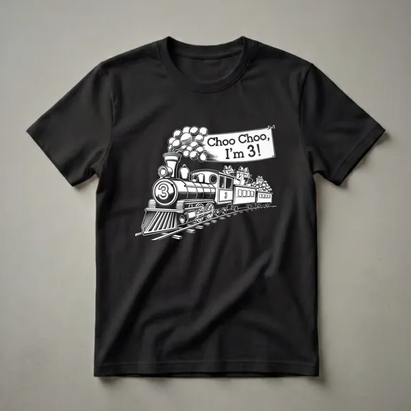 White line art graphic on a black background showing a steam train with balloons and a banner that reads 'Choo Choo, I'm 3!', with a number 3 on the front of the engine and gifts in the train cars.