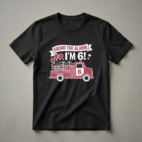 Red and white graphic t-shirt featuring a firetruck with balloons and gifts, and the text 'Sound The Alarm, I'm 6!' for a 6th birthday celebration.