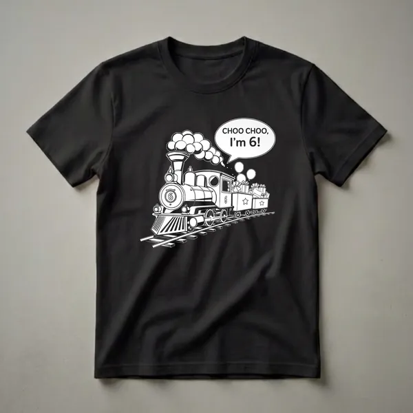 Black t-shirt featuring a white graphic of a steam train with smoke, balloons, and gifts, and a speech bubble that reads 'CHOO CHOO, I'm 6!'