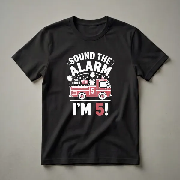 A black t-shirt featuring a red and white graphic design of a firetruck with balloons and gifts, and the text 'SOUND THE ALARM I'M 5!'