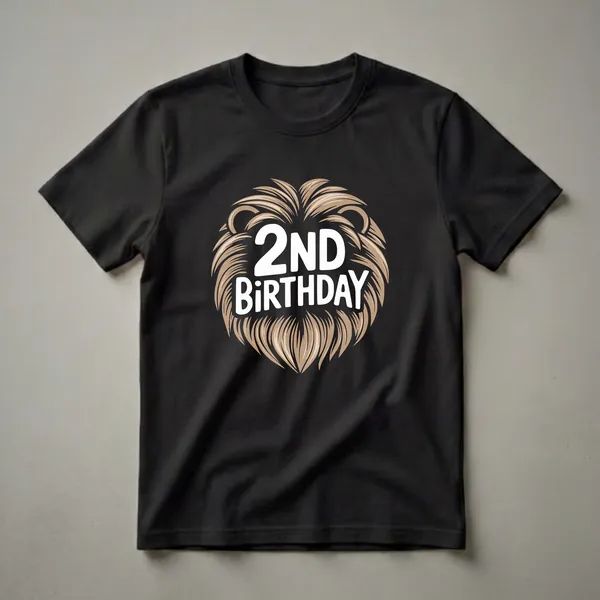 Black t-shirt featuring a stylized brown lion's head graphic with white text that reads '2ND BIRTHDAY'.