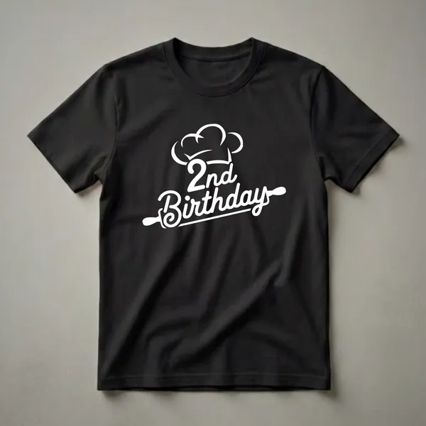 White graphic of a chef's hat and rolling pin with the text '2nd Birthday' on a black t-shirt.
