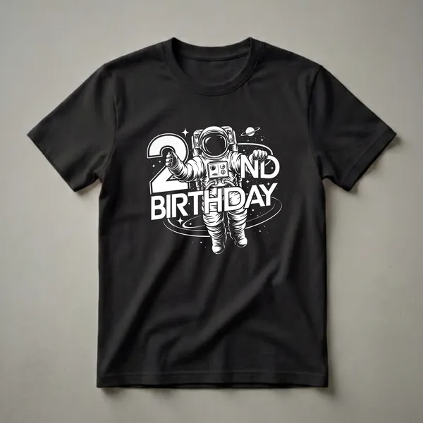 Black t-shirt with a white graphic of an astronaut in space, celebrating a 2nd birthday with text and celestial elements.
