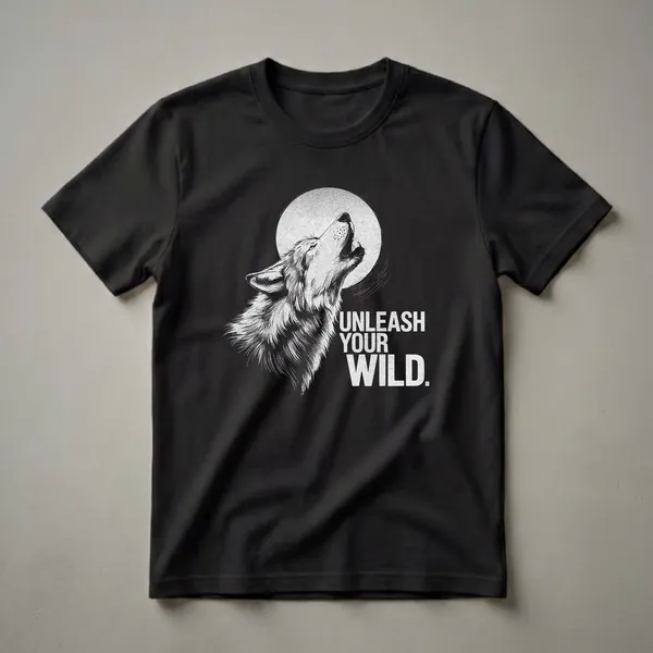 Black t-shirt with a white graphic of a wolf howling at a textured full moon, with the text "UNLEASH YOUR WILD."