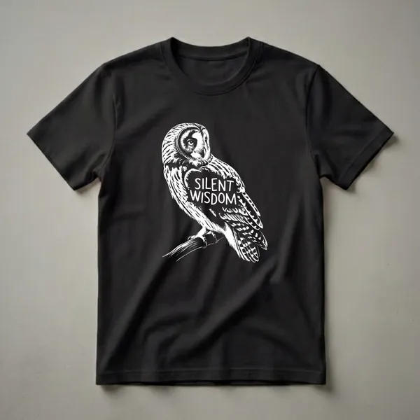 Black t-shirt with a bold white engraving-style owl perched on a branch, the words SILENT WISDOM printed across its chest.