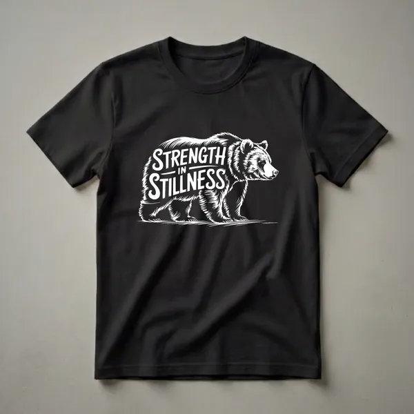 White graphic of a bear with the words 'Strength in Stillness' on a black t-shirt, showcasing the bear's fur texture and the stylized lettering.