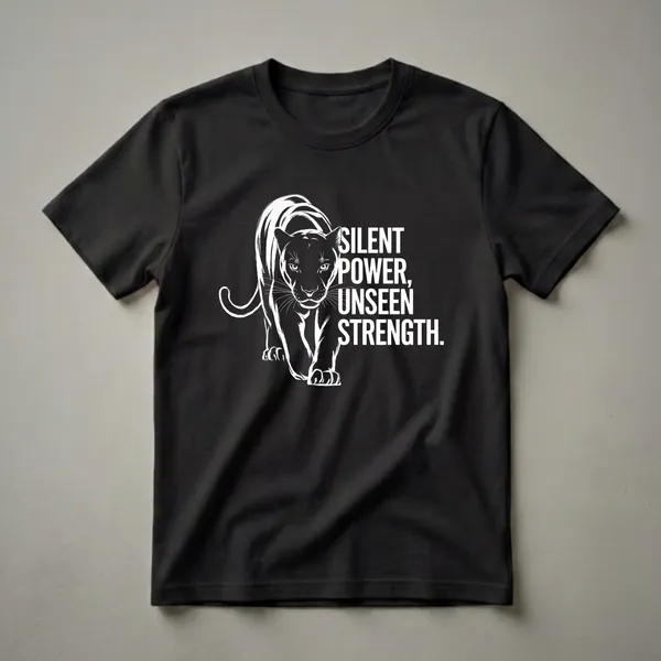 White graphic of a black panther walking forward with the words "SILENT POWER, UNSEEN STRENGTH" on a black t-shirt.