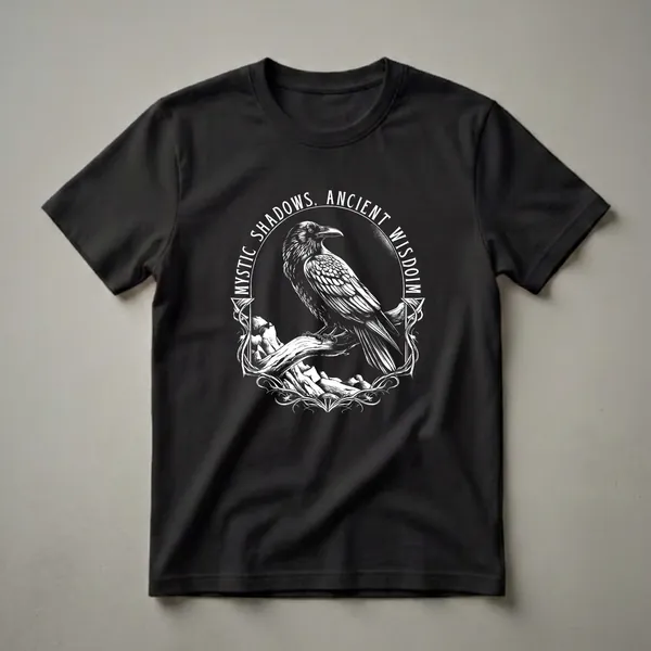 Black graphic t-shirt with a white illustration of a raven perched on a branch, surrounded by rocks and ornate scrollwork, with the text 'Mystic Shadows, Ancient Wisdom'.