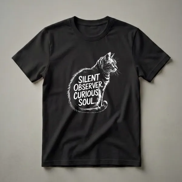 Black t-shirt with a white graphic of a tabby cat in profile, featuring the text 'Silent Observer, Curious Soul' within its body, rendered in a sketch-like style.