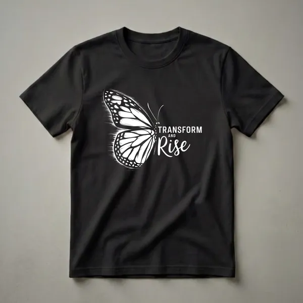 Black t-shirt with a white graphic of a monarch butterfly wing and the words 'TRANSFORM AND Rise', symbolizing transformation and nature.