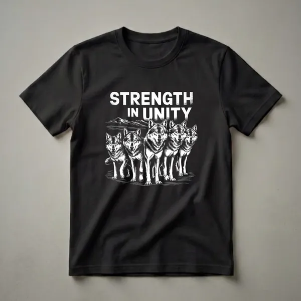 Black t-shirt with a white graphic illustration of five wolves standing together in front of a mountain range, with the text 'Strength in Unity' above.