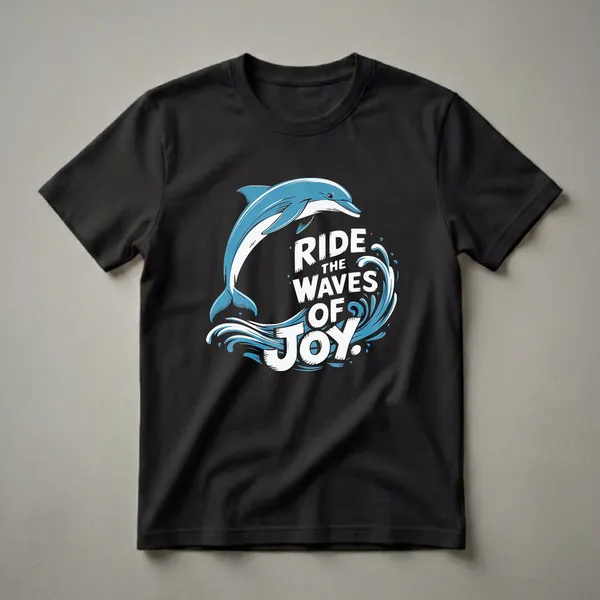 Black t-shirt featuring a blue dolphin leaping through white and blue stylized ocean waves with the text "RIDE THE WAVES OF JOY" in white.