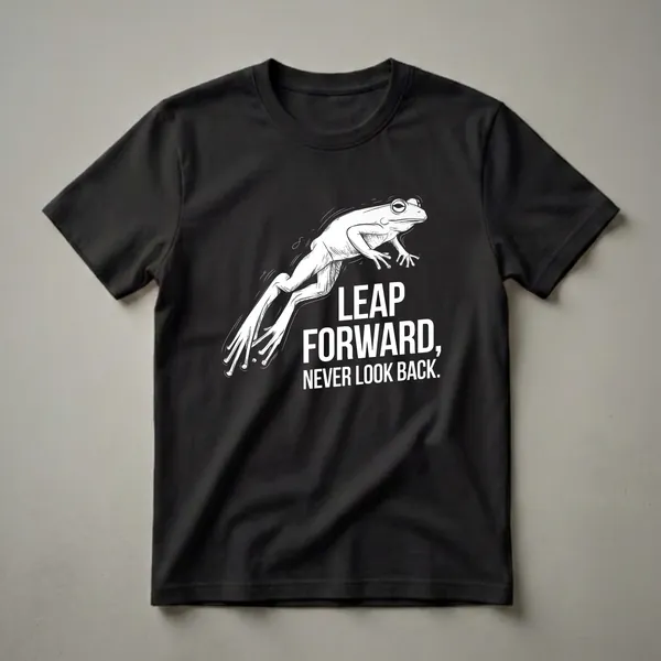 Black t-shirt with a white line drawing of a frog leaping forward, accompanied by bold white text that says 'Leap Forward, Never Look Back.'